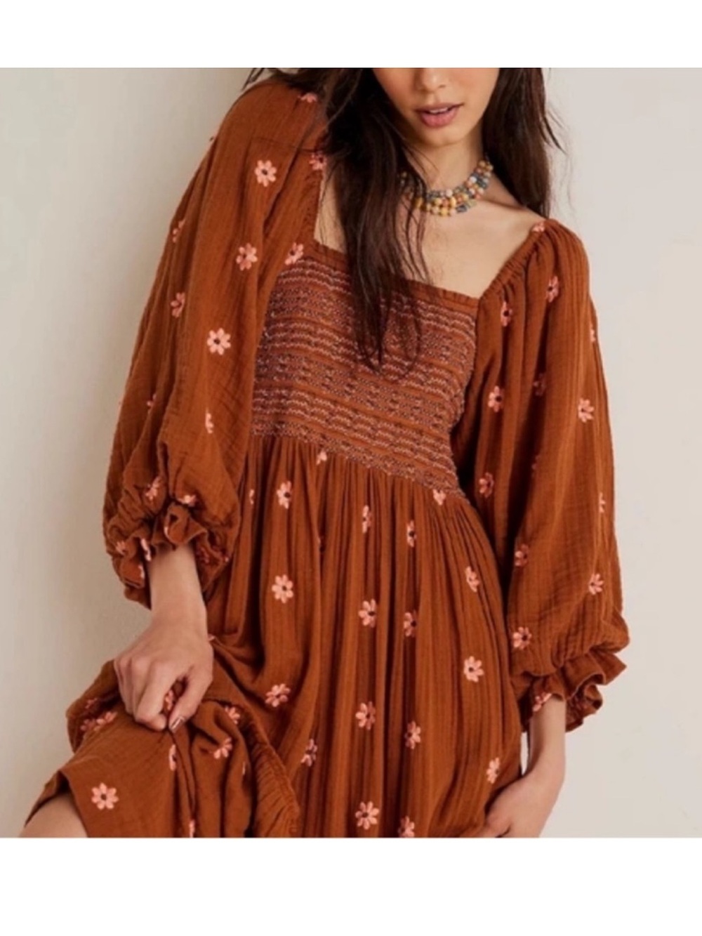 Free People Dahlia Smocked Maxi Dress with Puff Sleeves Caramel Cafe Combo